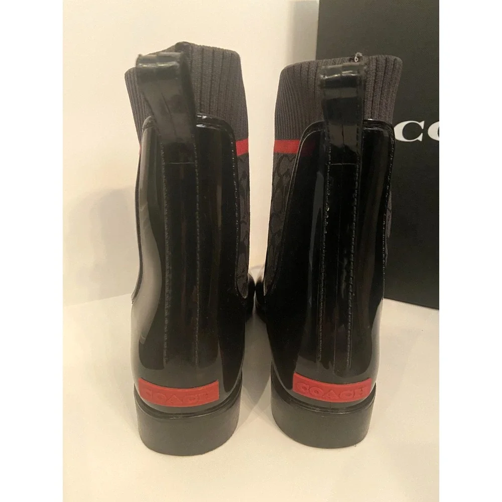 COACH Women's Waterproof Short Logo Stretch Pull‑On Ankle Rain Booties Size 8